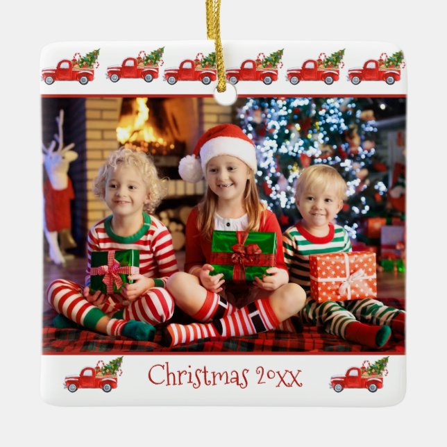 Custom 2-Sided Children Photo Red Truck Christmas Ceramic Ornament (Front)