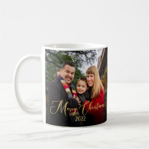 Custom 2-Sided Family Photo Gold Script Christmas Coffee Mug