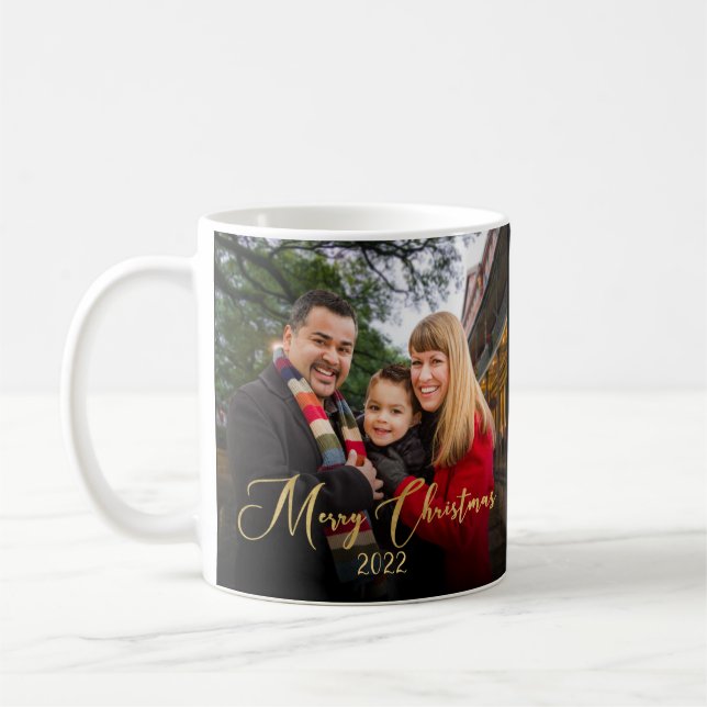 Custom 2-Sided Family Photo Gold Script Christmas Coffee Mug (Left)