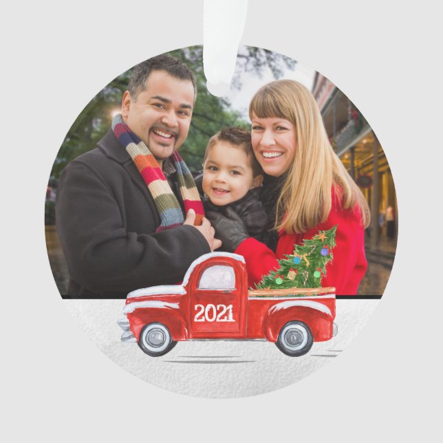 Custom 2-Sided Family Photo Red Truck Christmas Ornament (Front)