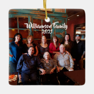 Custom 2-sided Family Photo White Script Christmas Ceramic Ornament