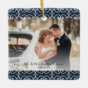 Custom 2 Sided Navy Blue Elegant 2 Photo Wedding Ceramic Ornament
