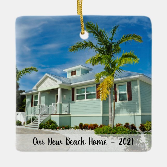 Custom 2 Sided New  Beach Home Photo With Year Ceramic Ornament (Front)