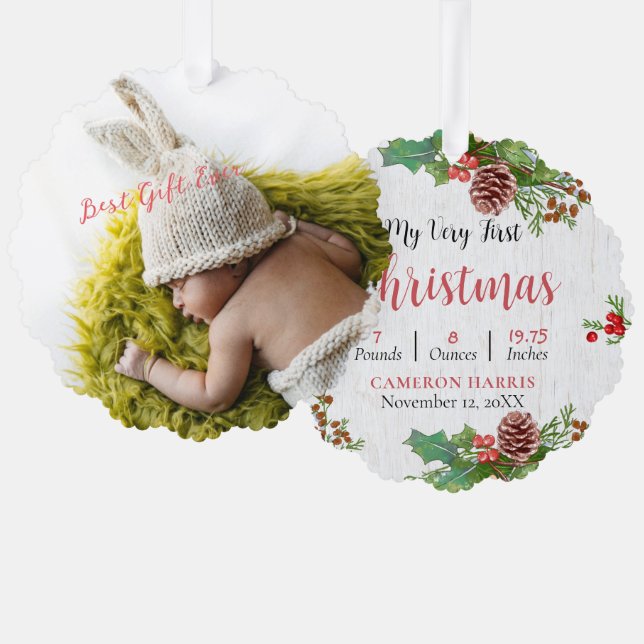 Custom 2-sided Rustic Baby's 1st Christmas Photo Tree Decoration Card (Front/Back)