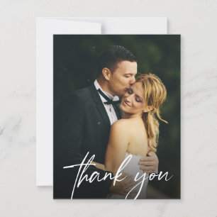 Custom 2 Wedding Photos Simple Modern script Thank You Card