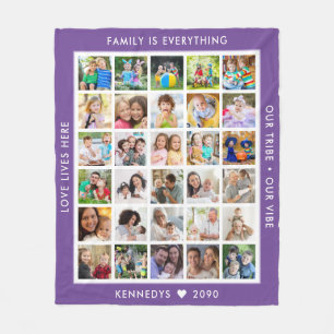 Custom 30 Photo Collage Family Quotes Name Purple  Fleece Blanket