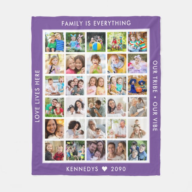 Custom 30 Photo Collage Family Quotes Name Purple  Fleece Blanket (Front)