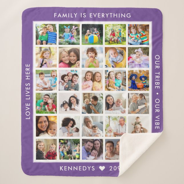 Custom 30 Photo Collage Family Quotes Name Purple  Sherpa Blanket (Front)