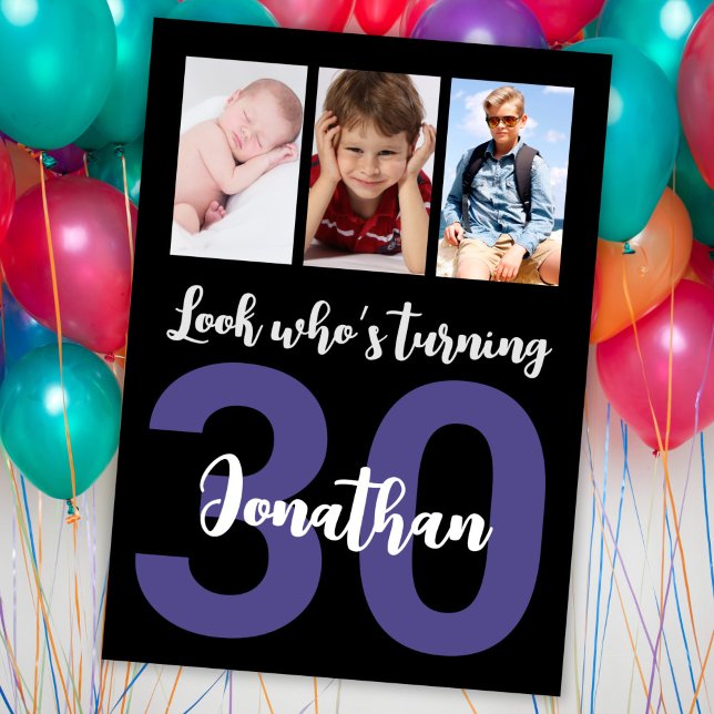 Custom 30th Birthday Black Modern Photo Collage Invitation (Creator Uploaded)
