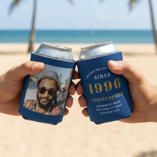 Custom 30th Birthday Blue Gold With Photo Can Cooler