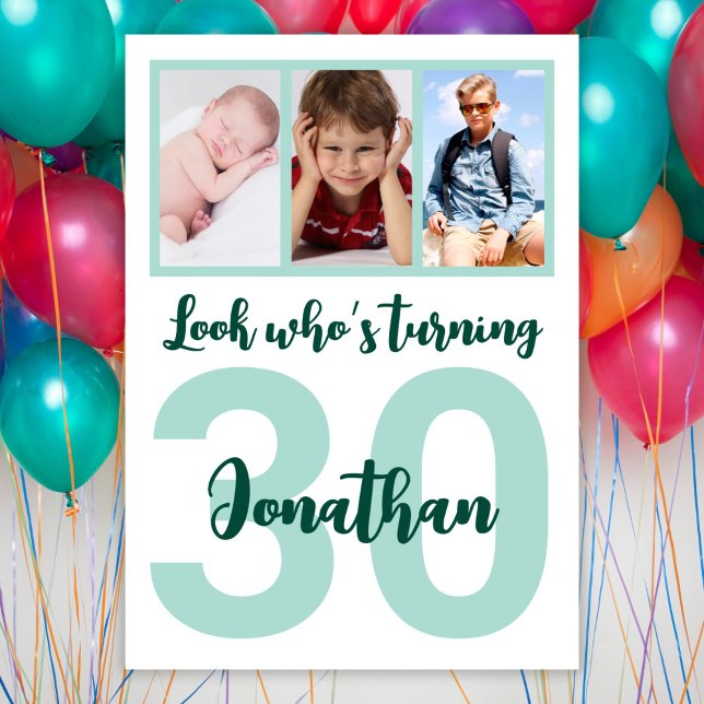 Custom 30th Birthday Green Script Photo Collage Invitation (Creator Uploaded)