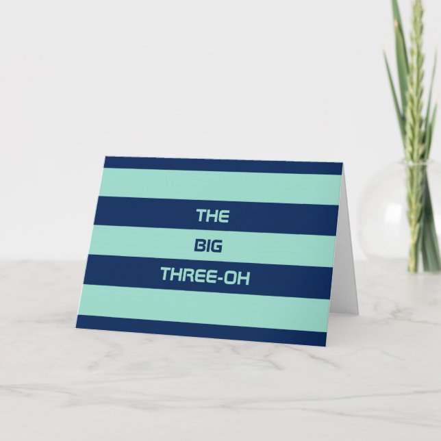 Custom 30th Birthday Mint Green and Navy Stripes Card (Front)
