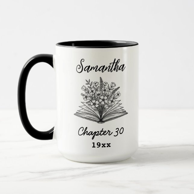 Custom 30th Birthday Name - Chapter 30 Floral Book Mug (Left)