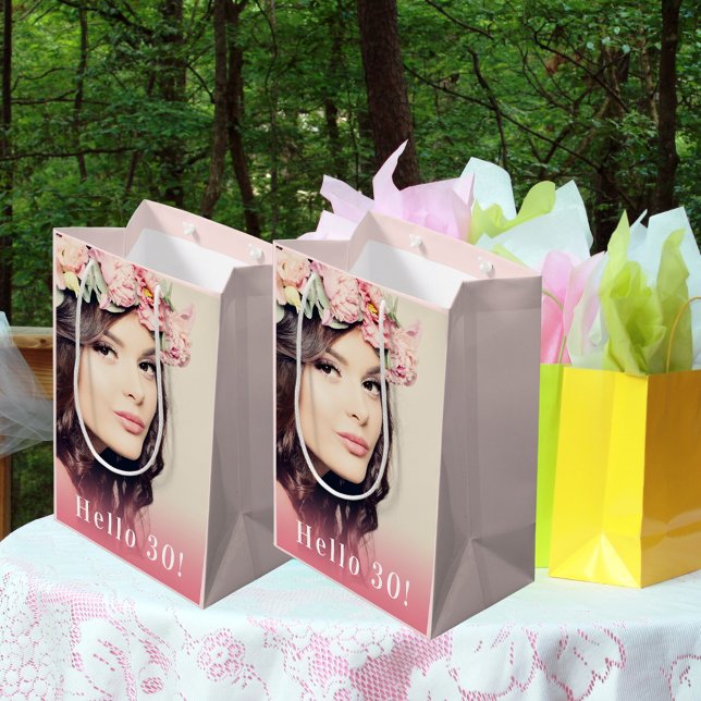 Custom 30th birthday photo hello 30 rose gold medium gift bag (Creator Uploaded)