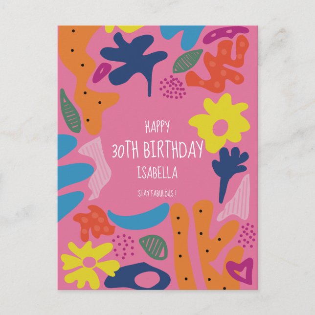 custom 30th birthday pink modern colourful postcar postcard (Front)