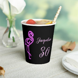 Custom 30th Birthday Retro Neon Pink flamingo  Paper Cups
