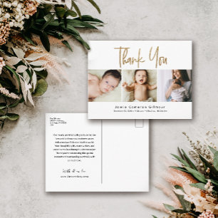 Custom 3 Baby Photos Gold Script birth Thank you Postcard