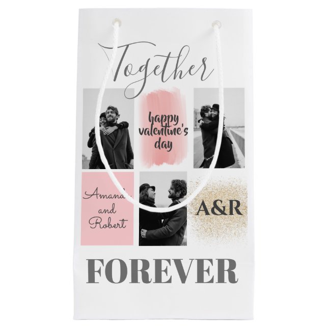Custom 3 Couple Photos Happy Valentines Small Gift Bag (Front)