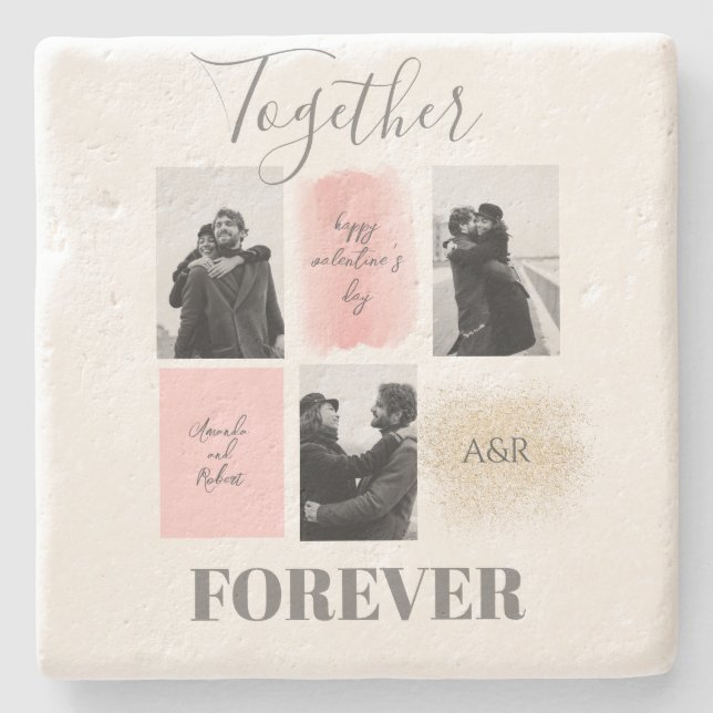 Custom 3 Couple Photos Happy Valentines Stone Coaster (Front)