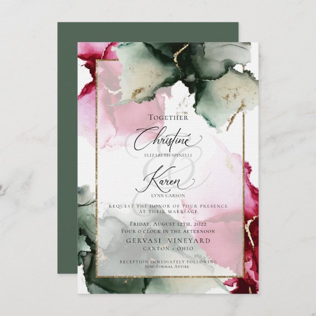 Custom 3 Crimson and Sage Green Watercolor Invitat Invitation (Front/Back)