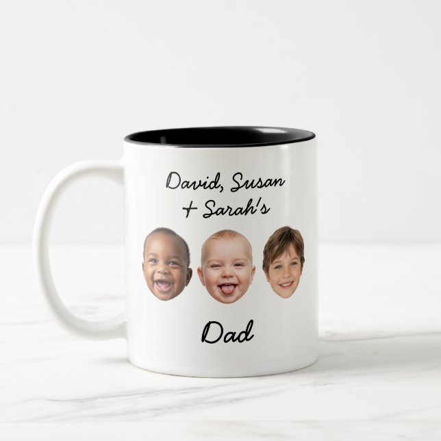 Custom 3 Kids Faces & Names Personalised Dad Gift Two-Tone Coffee Mug (Left)