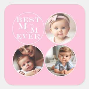 Custom 3- Photo "Best Mum Ever" Soft Pastel Pink Square Sticker