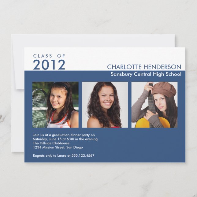Custom 3 photo blue graduation class of invitation (Front)