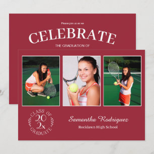 Custom 3 Photo Chic Burgundy Graduation Party Invitation
