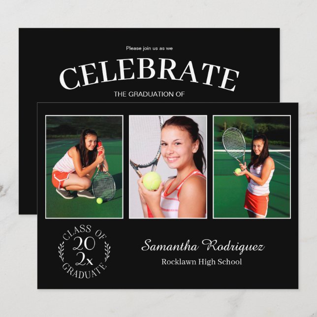 Custom 3 Photo Chic Emblem Black Graduation Party Invitation (Front/Back)