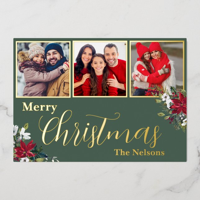 Custom 3 Photo Christmas Foil Holiday Card (Front)