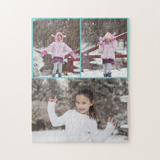 Custom / 3 Photo Collage Blue Green Border Jigsaw Puzzle (Vertical)