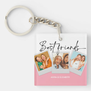 Custom 3 Photo Collage Cute Simple Pink BFF  Key Ring