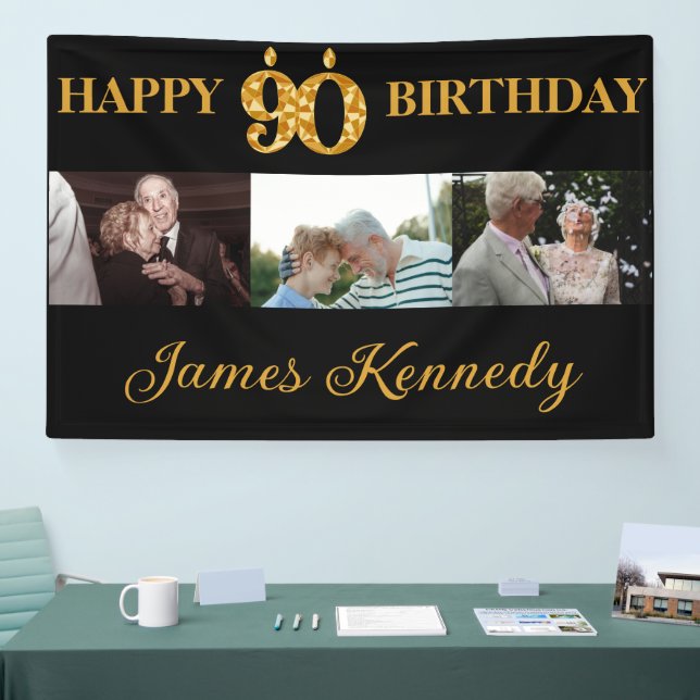Custom 3 Photo Collage Happy 90th Birthday Party   Banner (Tradeshow)