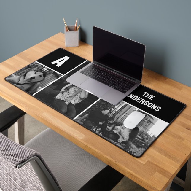 Custom 3 Photo Collage Monogram Black Desk Mat (Office 2)