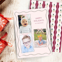 Custom 3 Photo Collage Pink Bow Wavy Frame
