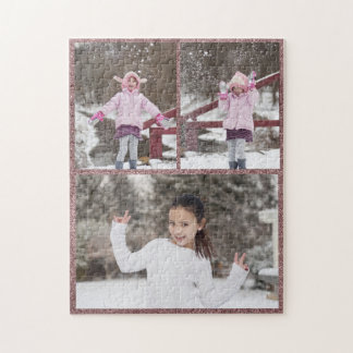 Custom / 3 Photo Collage Rose Gold Glitter Jigsaw Puzzle