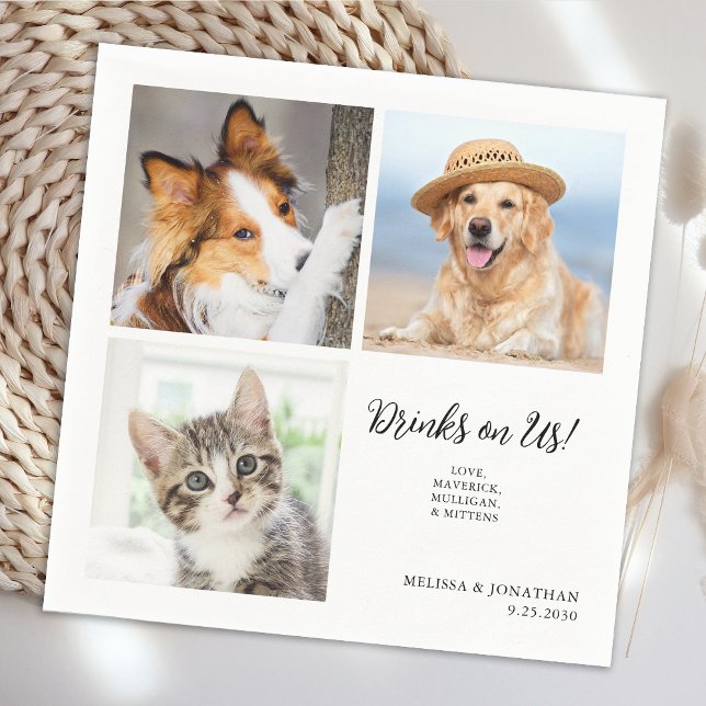 Custom 3 Photo Collage Unique Pet Cat Dog Wedding Napkin (Creator Uploaded)