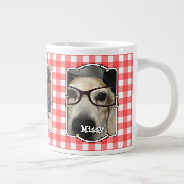 Custom 3 Photo Country Red Buffalo Check Plaid Pet Large Coffee Mug (Right)
