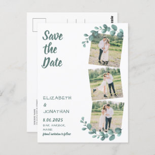 Custom 3 Photo Eucalyptus Wedding Save The Date Postcard
