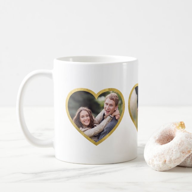 Custom 3 Photo Hearts Faux Gold Border Coffee Mug (With Donut)