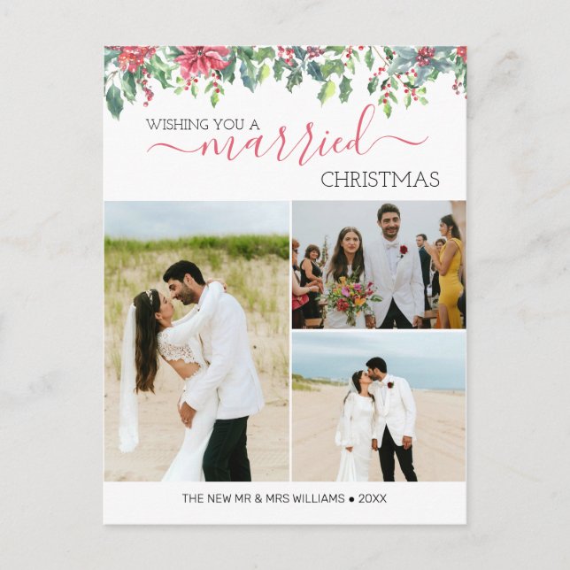 Custom 3 Photo New Married Couple First Christmas Announcement Postcard (Front)