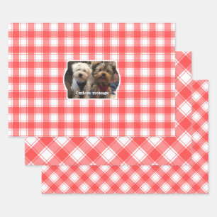 Custom 3 Photo Red & White Country Farmhouse Plaid Wrapping Paper Sheet