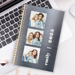 Custom 3-Photo Silver Brushed Metal 2025 Planner<br><div class="desc">Easily customise this modern planner by replacing the three sample images with your favourite square photos. Add your name or monogram initials and the year in chunky white typography on a silver faux brushed metal background.</div>