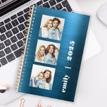Custom 3-Photo Teal Blue Brushed Metal 2025 Planner<br><div class="desc">Easily customise this modern planner by replacing the three sample images with your favourite square photos. Add your name or monogram initials and the year in chunky white typography on a teal blue faux brushed metal background.</div>