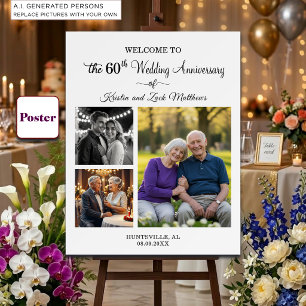 Custom 3 Photos 60th Wedding Anniversary Welcome Poster
