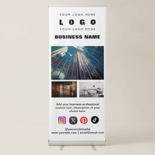 Custom 3 Photos Business Logo & Social Media Text  Retractable Banner