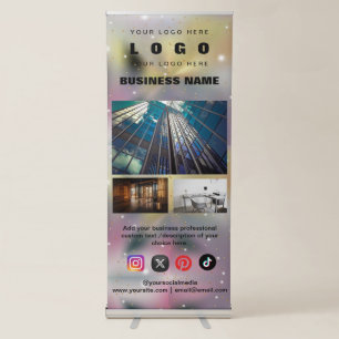 Custom 3 Photos Business Logo & Social Media Text Retractable Banner