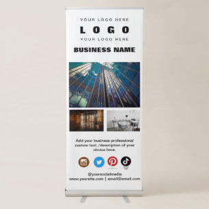 Custom 3 Photos Business Logo & Social Media Text  Retractable Banner