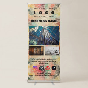 Custom 3 Photos Business Logo & Social Media Text Retractable Banner