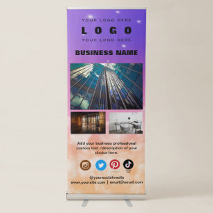 Custom 3 Photos Business Logo & Social Media Text  Retractable Banner
